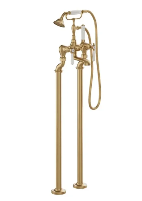 Booth & Co. Floor Standing Bath Shower Mixer Brushed Brass & Crackled White product image - Image 1