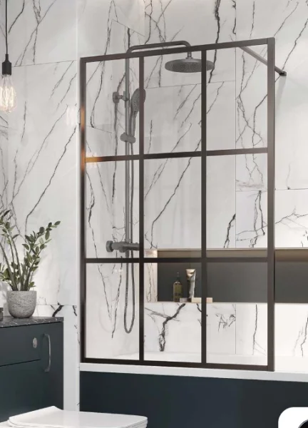 Cubico Amore Grid Frame Bath Screen Matt Black (clear Glass)