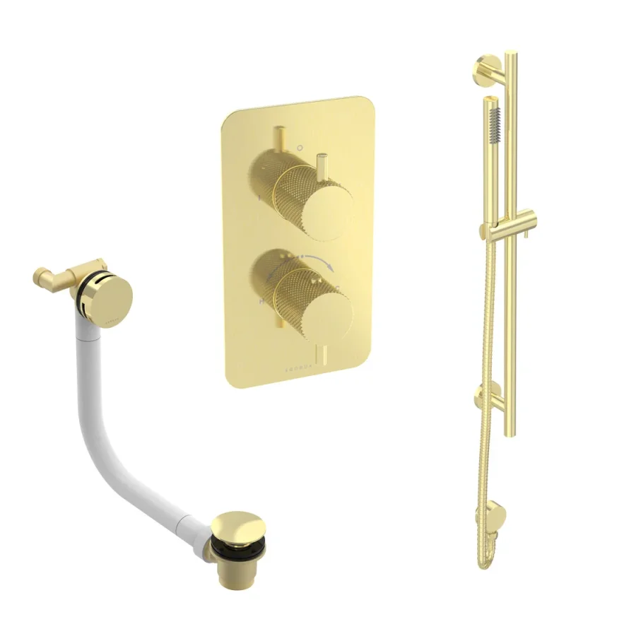 Saneux Cos 2 Way Shower Kit - W/ Slim Handset & Slider Rail & Bath Filler - Knurled - Brushed Brass product image - Image 1