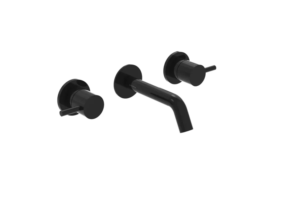Saneux Cos 3 Tap Hole Wall Mounted Basin Mixer Kit - W/ Short Spout (130mm) W/ Classic Handle - Satin Black (pvd) product image - Image 1