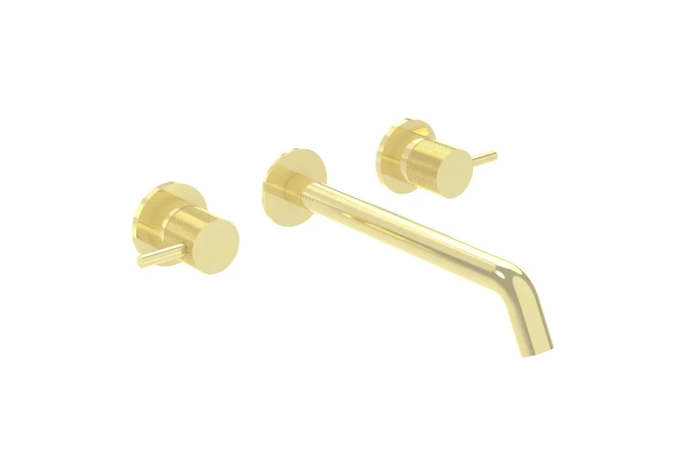 Saneux Cos 3 Tap Hole Wall Mounted Basin Mixer Kit - W/ Long Spout (220mm) W/ Knurled Handle - Brushed Brass (pvd) product image - Image 1