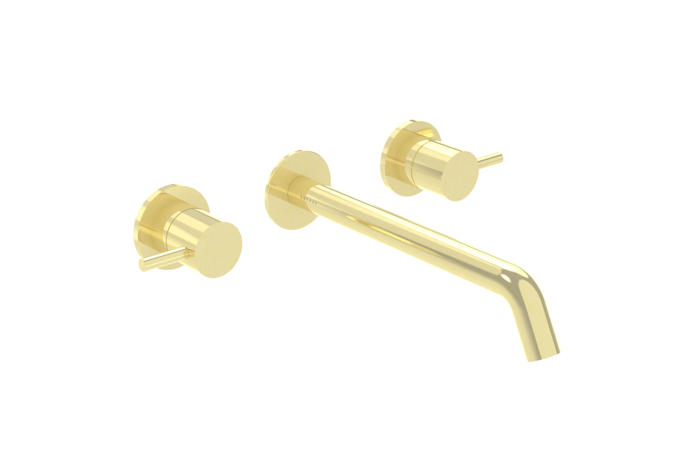 Saneux Cos 3 Tap Hole Wall Mounted Basin Mixer Kit - W/ Long Spout (220mm) W/ Classic Handle - Brushed Brass (pvd)