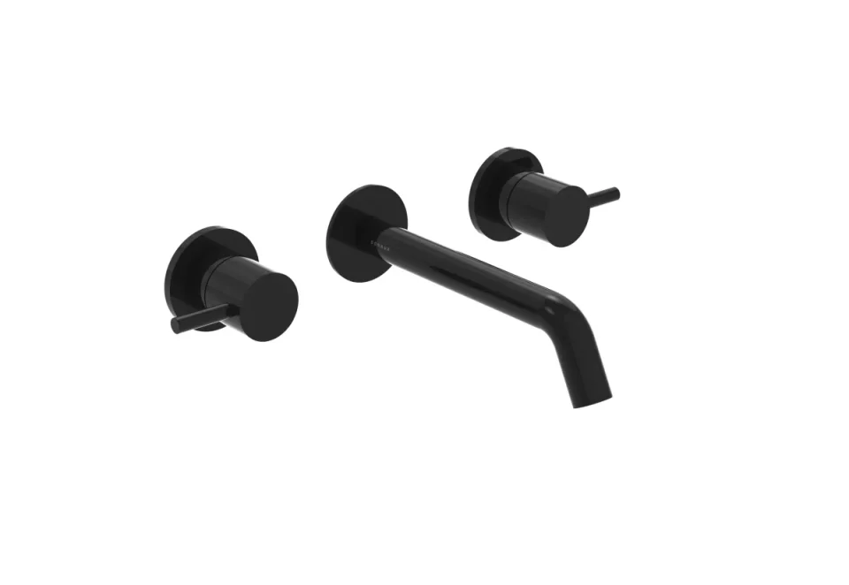 Saneux Cos 3 Tap Hole Wall Mounted Basin Mixer Kit - W/ Classic Spout (170mm) W/ Classic Handle - Satin Black (pvd) product image - Image 1