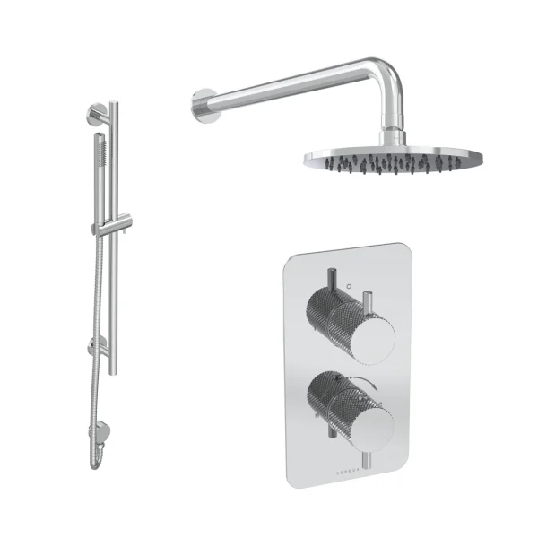 Saneux Cos 2 Way Shower Kit - W/ Slim Handset & Slider Rail & Shower Head - Knurled - Chrome