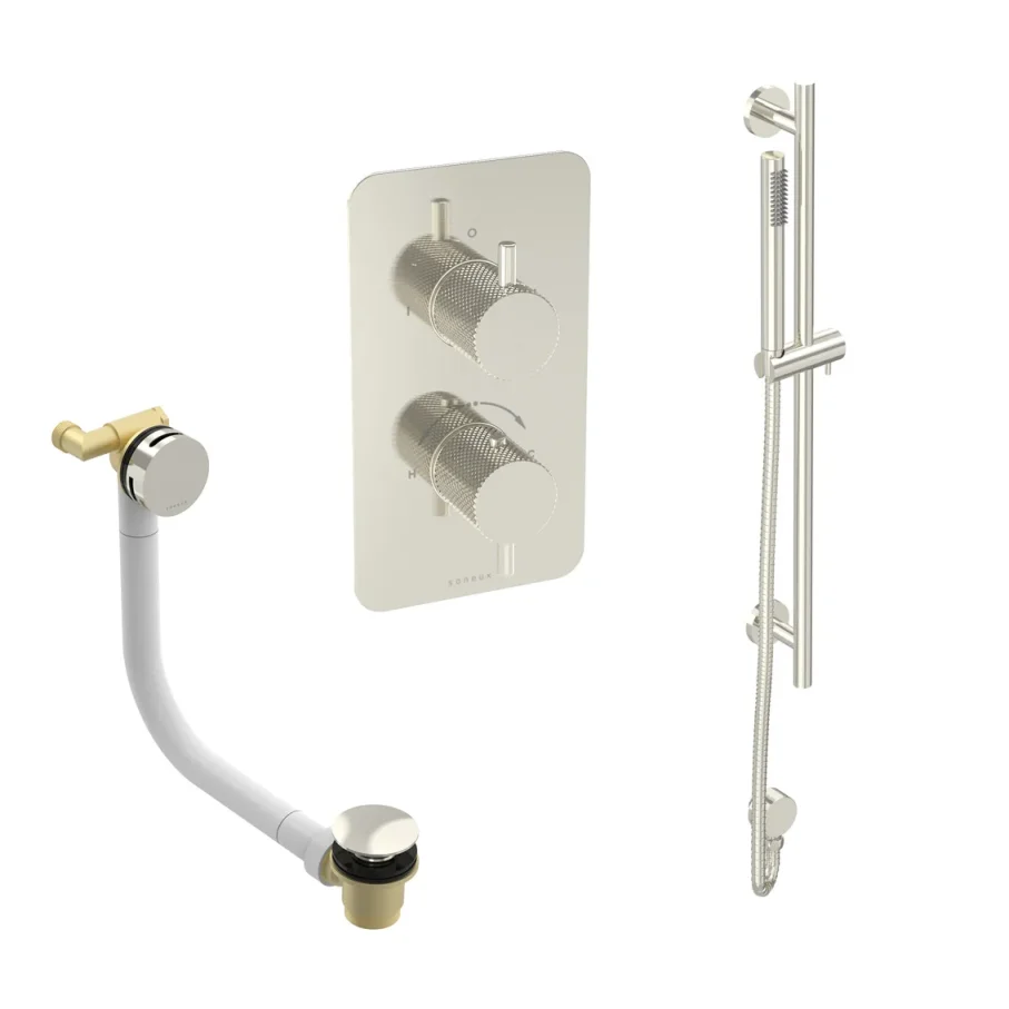 Saneux Cos 2 Way Shower Kit - W/ Slim Handset & Slider Rail & Bath Filler - Knurled - Brushed Nickel product image - Image 1