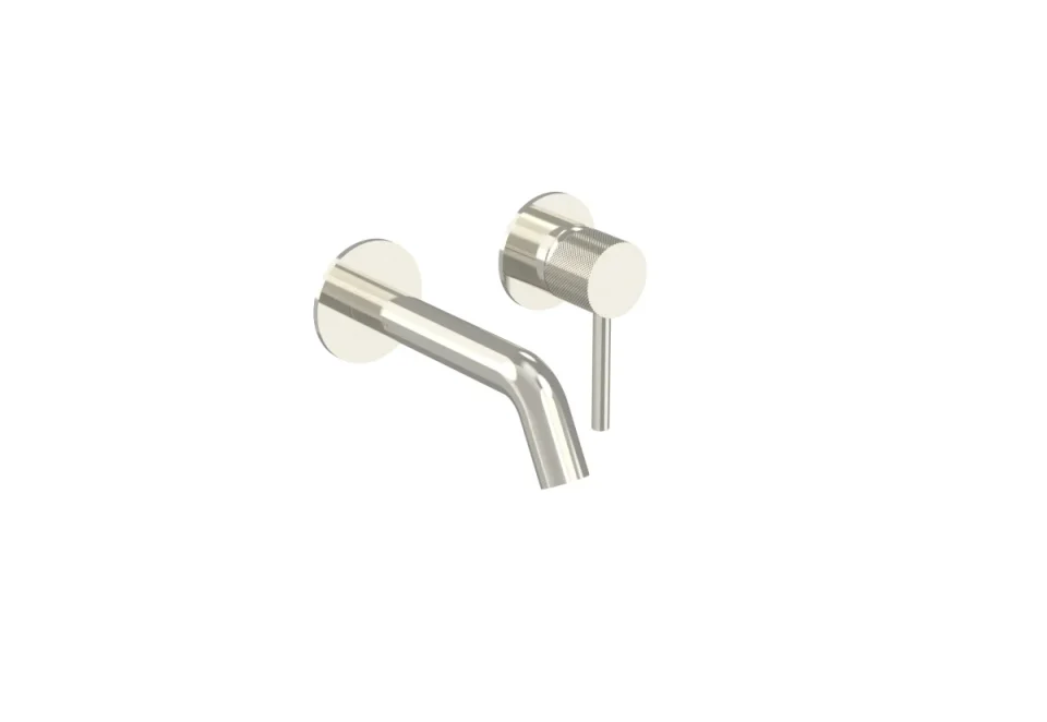 Saneux Cos 2 Plate Wall Mounted Basin Mixer Kit - W/ Short Spout (130mm) W/ Knurled Handle - Brushed Nickel (pvd) product image - Image 1