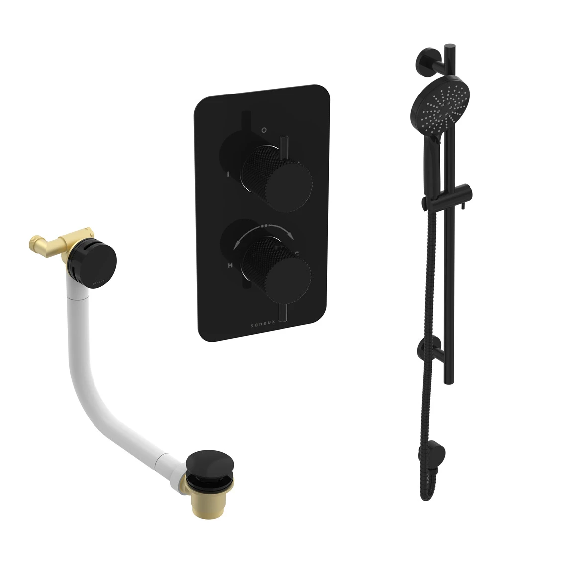 Saneux Cos 2 Way Shower Kit - W/ 3 Function Handset & Slider Rail & Bath Filler - Knurled - Satin Black