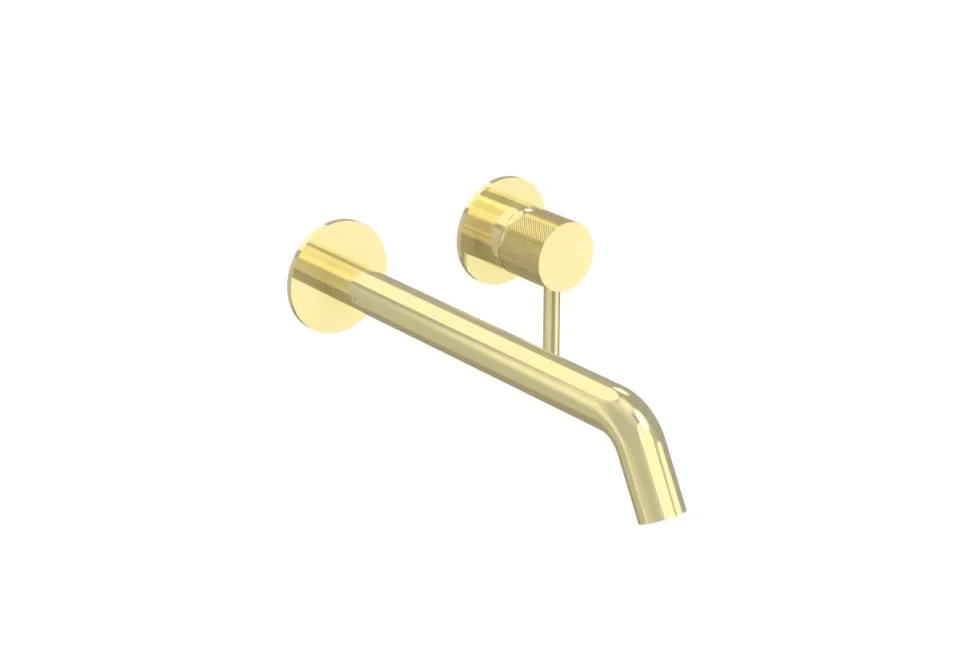 Saneux Cos 2 Plate Wall Mounted Basin Mixer Kit - W/ Long Spout (220mm) W/ Knurled Handle - Brushed Brass (pvd) product image - Image 1