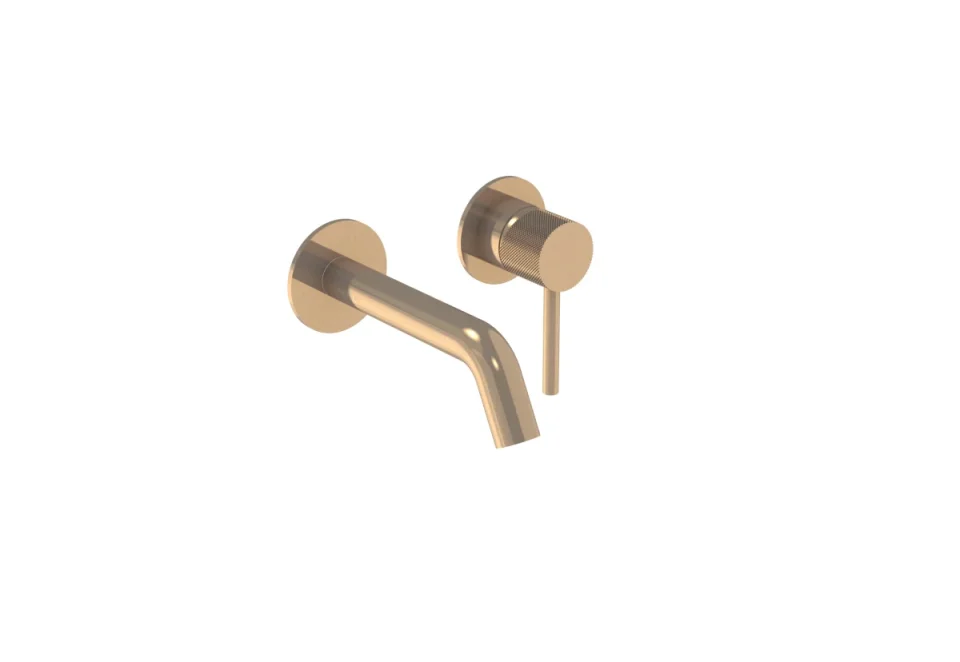 Saneux Cos 2 Plate Wall Mounted Basin Mixer Kit - W/ Short Spout (130mm) W/ Knurled Handle - Brushed Bronze (pvd) product image - Image 1