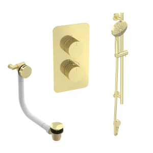 Saneux Cos 2 Way Shower Kit - W/ 3 Function Handset & Slider Rail & Bath Filler - Fluted - Brushed Brass