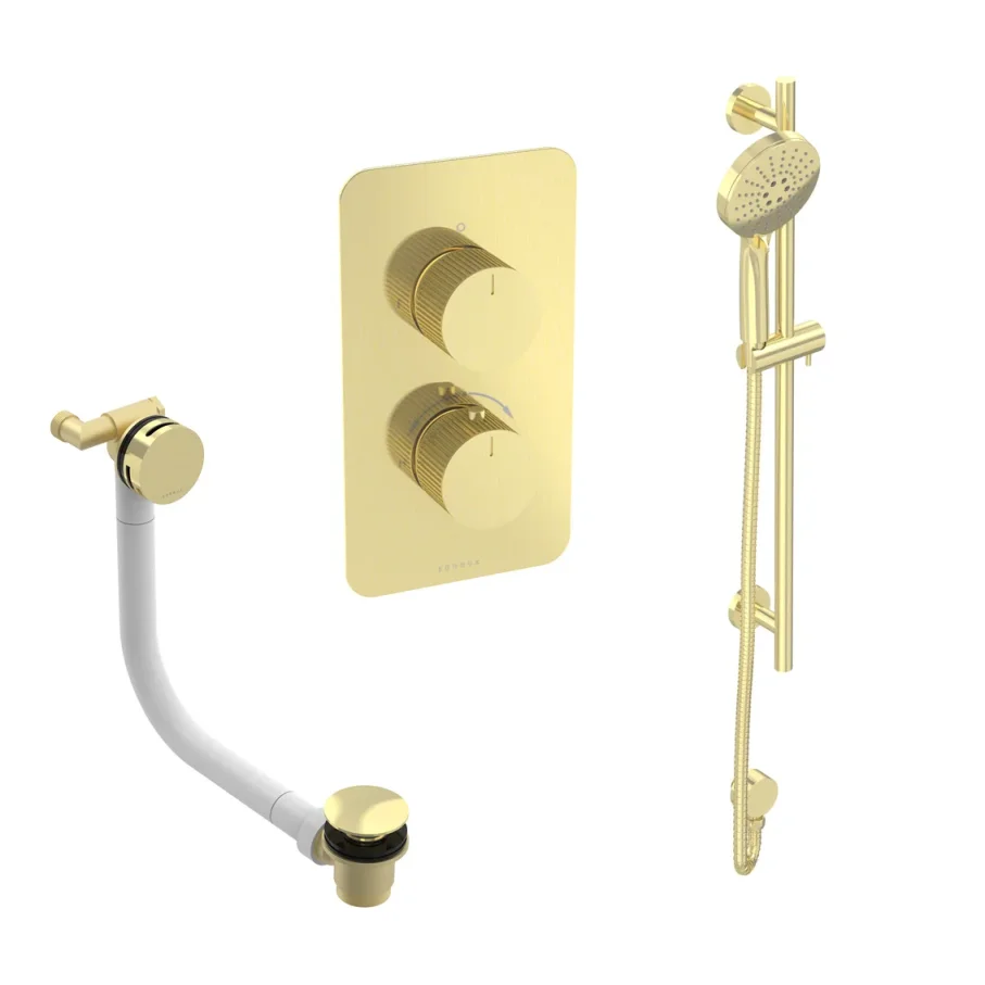 Saneux Cos 2 Way Shower Kit - W/ 3 Function Handset & Slider Rail & Bath Filler - Fluted - Brushed Brass product image - Image 1