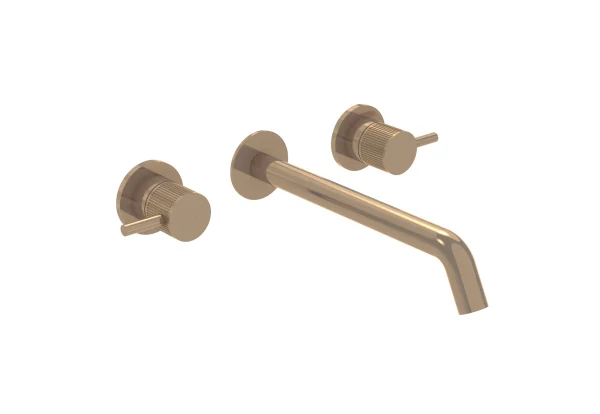 Saneux Cos 3 Tap Hole Wall Mounted Basin Mixer Kit - W/ Long Spout (220mm) W/ Fluted Handle - Brushed Bronze (pvd)