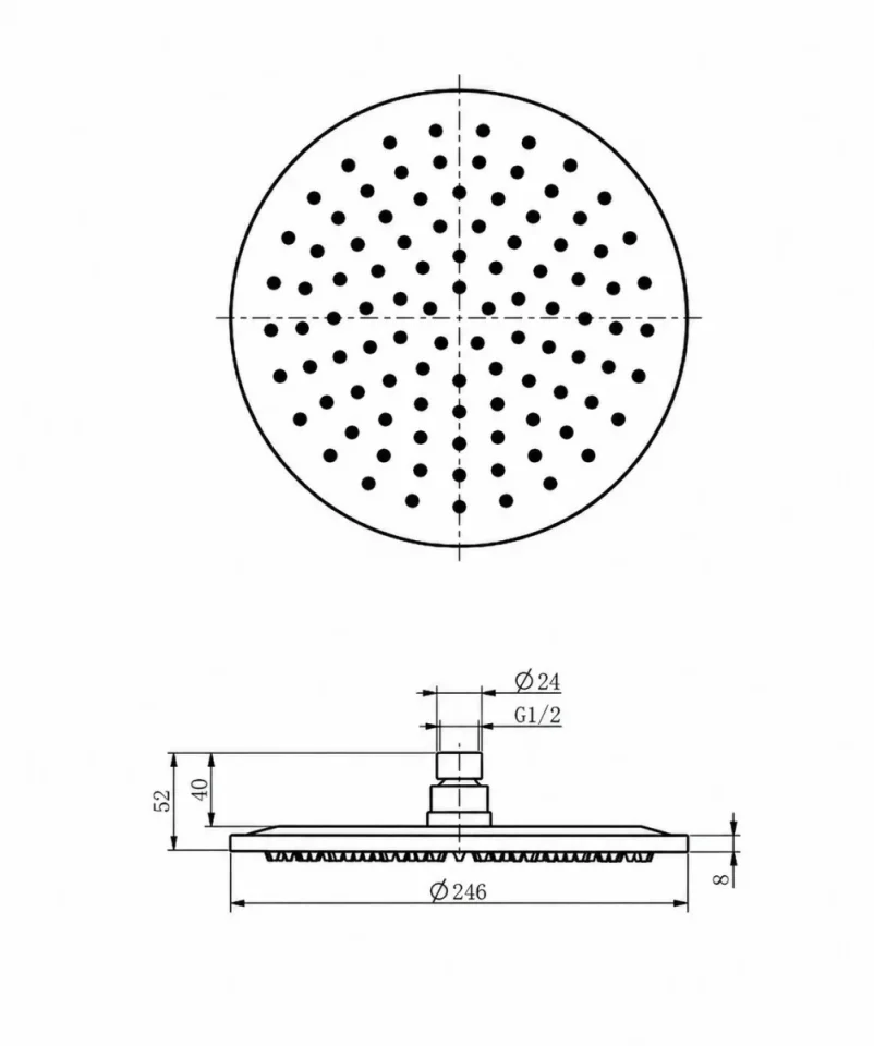 Ava Round 250mm Shower Head (8mm Thickness) - Brushed Black technical drawing - Image 11
