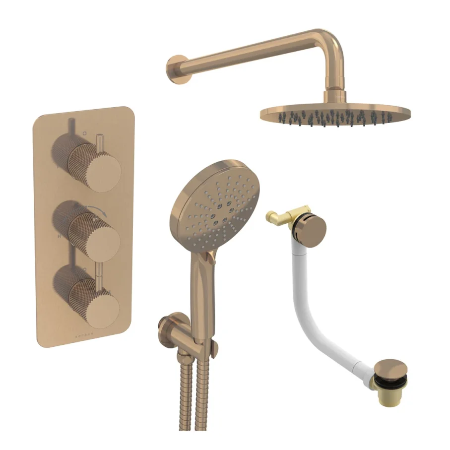 Saneux Cos 3 Way Shower Kit - W/ 3 Function Handset & Bath Filler & Shower Head - Knurled - Brushed Bronze product image - Image 1