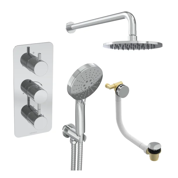 Saneux Cos 3 Way Shower Kit - W/ 3 Function Handset & Bath Filler & Shower Head - Knurled - Chrome