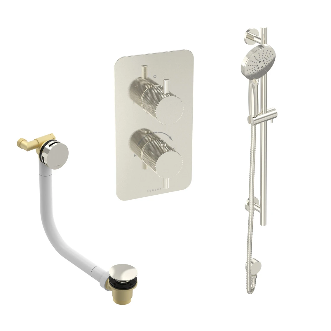 Saneux Cos 2 Way Shower Kit - W/ 3 Function Handset & Slider Rail & Bath Filler - Knurled - Brushed Nickel