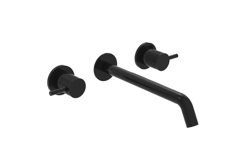 Saneux Cos 3 Tap Hole Wall Mounted Basin Mixer Kit - W/ Long Spout (220mm) W/ Fluted Handle - Satin Black (pvd) product image - Image 1