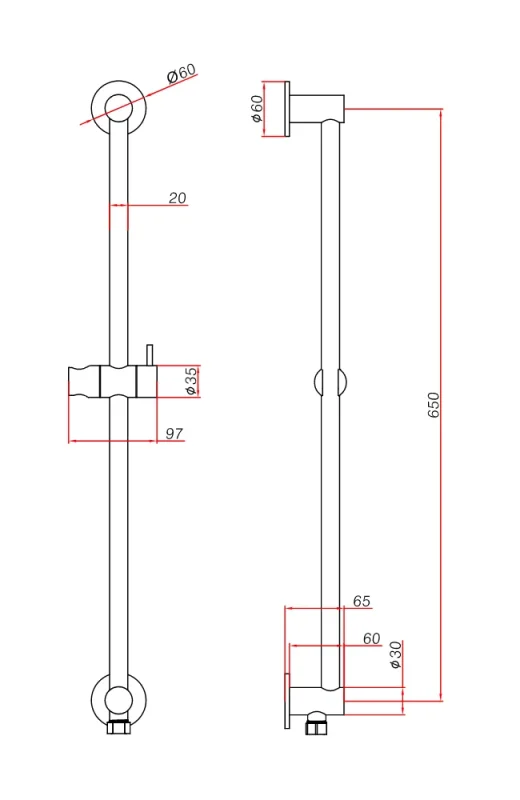 Ava Integrated Round Slide Rail Bar Only - Brushed Stainless Steel technical drawing - Image 2