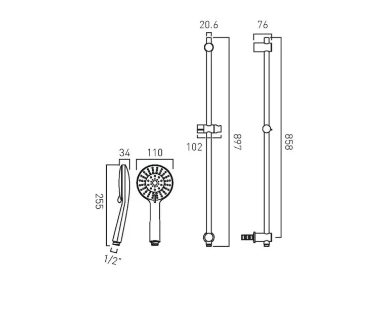 Vado Evolve Multi-function Slide Rail Kit With Integrated Outlet Chrome technical drawing - Image 2