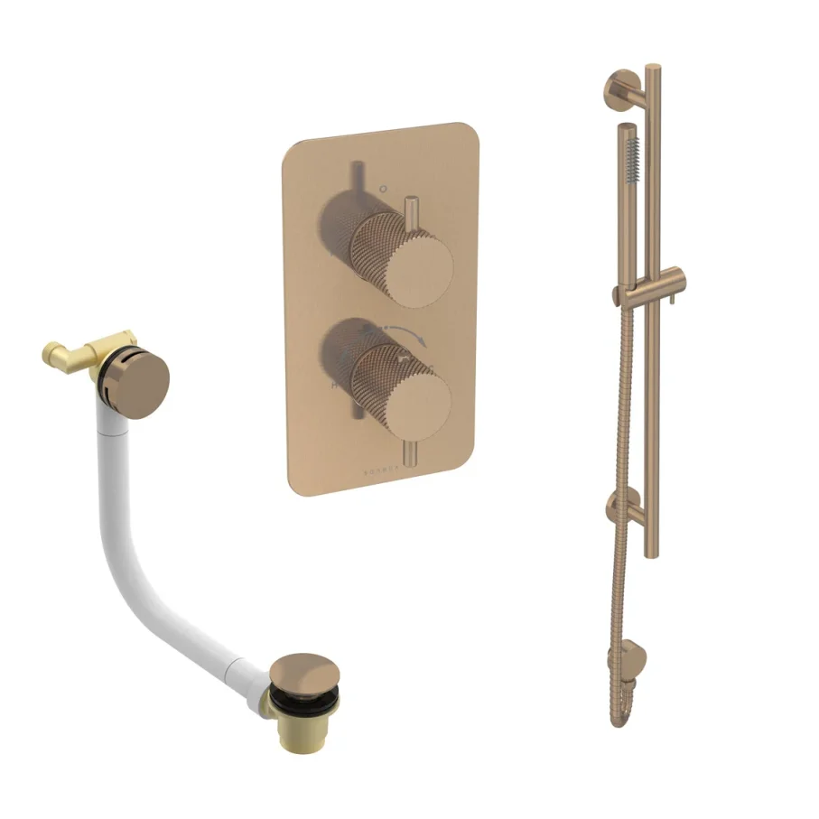 Saneux Cos 2 Way Shower Kit - W/ Slim Handset & Slider Rail & Bath Filler - Knurled - Brushed Bronze product image - Image 1