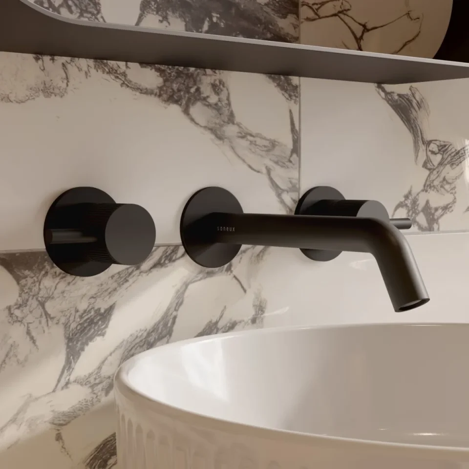 Saneux Cos 3 Tap Hole Wall Mounted Basin Mixer Kit - W/ Classic Spout (170mm) W/ Fluted Handle - Satin Black (pvd) detail view - Image 2