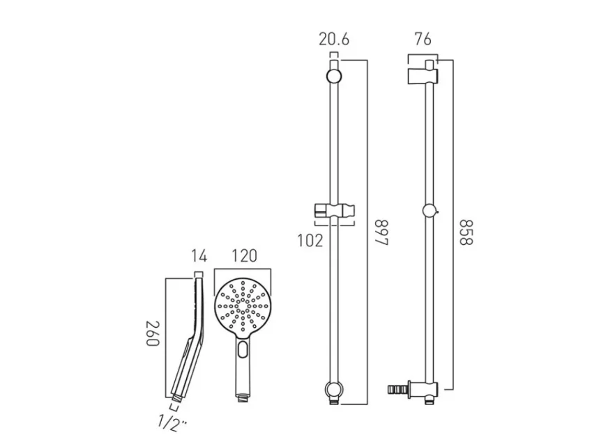 Vado Nebula Multi-function Slide Rail Kit With Integrated Outlet Chrome technical drawing - Image 2