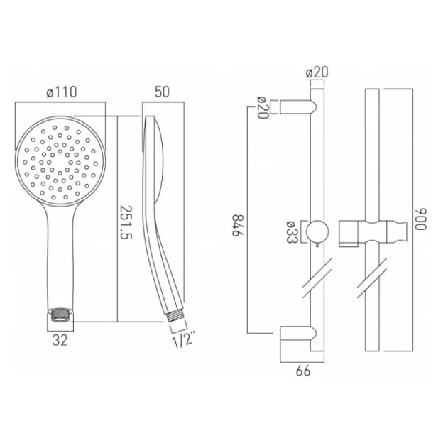 Vado Atmosphere Slide Rail Shower Kit With Air-injected Multi-function Handset 900mm Slide Rail And Smoothflex Anti-twist Silver Hose Chrome technical drawing - Image 5