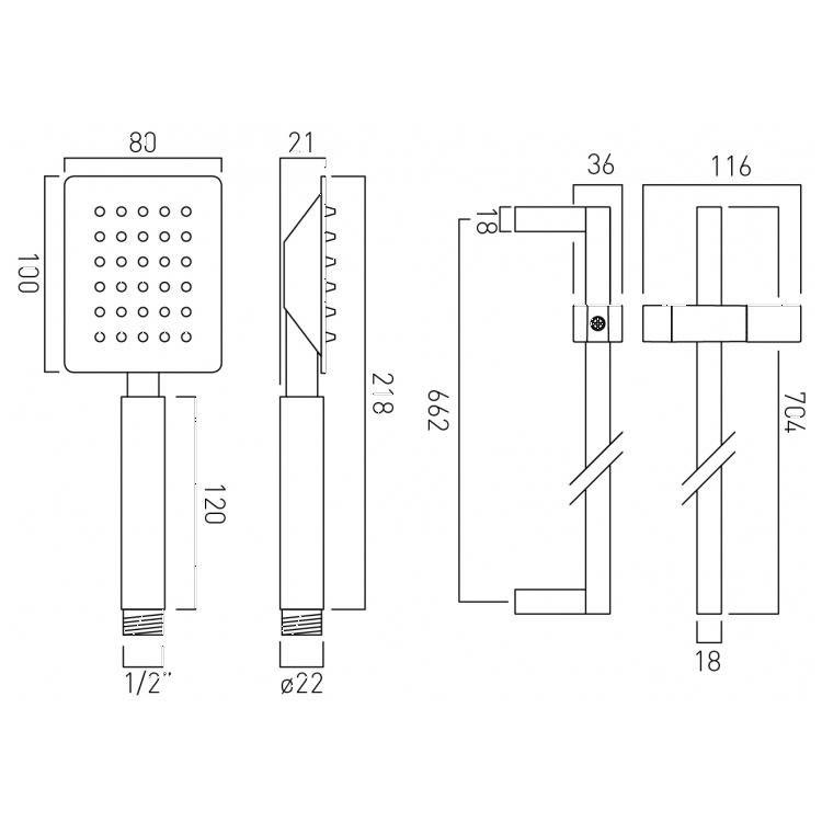 Vado Aquablade Slide Rail Shower Kit With Rectangular Single Function All Metal Rub Clean Shower Handset With Cool Touch Handle, 900mm Slide Rail With Twist Control And 150cm Shower Hose Chrome technical drawing - Image 3