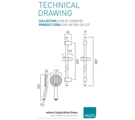 Vado Evolve Slide Rail Shower Kit With Round 4 Function Rub-clean Shower Handset With Pause Function, 680mm Slide Rail And 150cm Smoothflex Anti-twist Silver Shower Hose Chrome technical drawing - Image 2