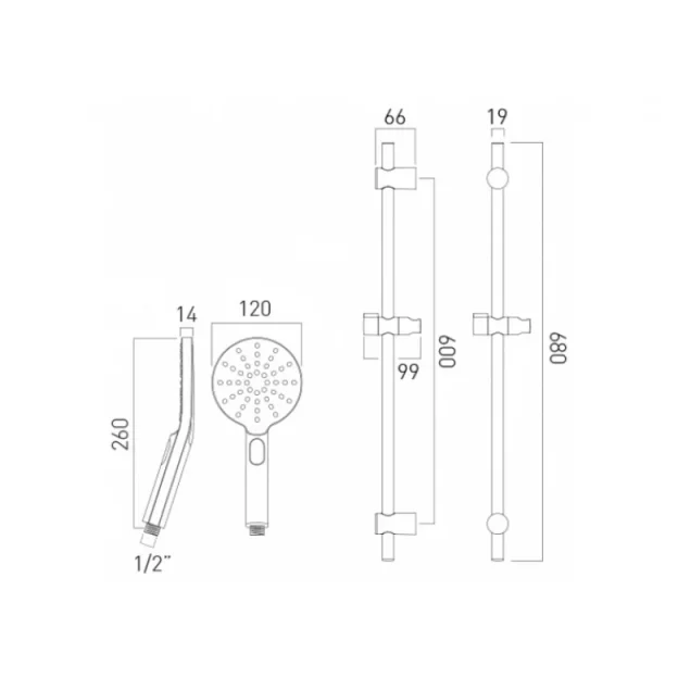 Vado Nebula Slide Rail Shower Kit With Round 3 Function Rub-clean Shower Handset With Push-button Control, 680mm Slide Rail And 150cm Smoothflex Anti-twist Silver Shower Hose Chrome technical drawing - Image 2
