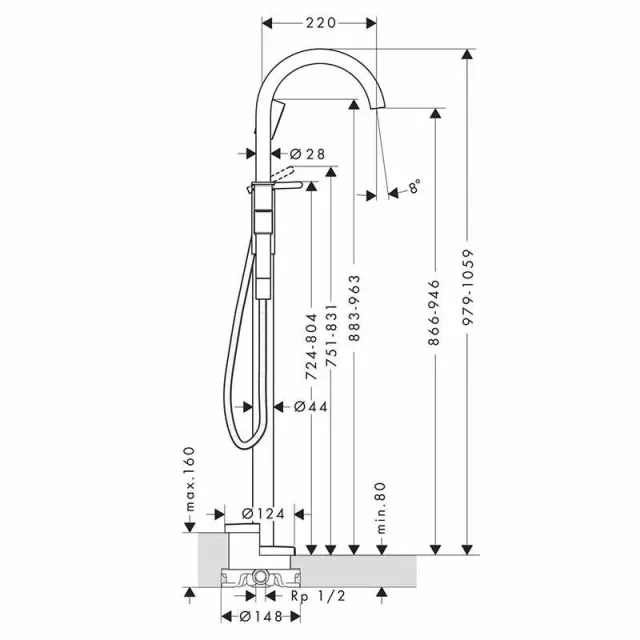 Axor One Bath Mixers Concealed 1197 X 394 X 232mm Black - Matt technical drawing - Image 2