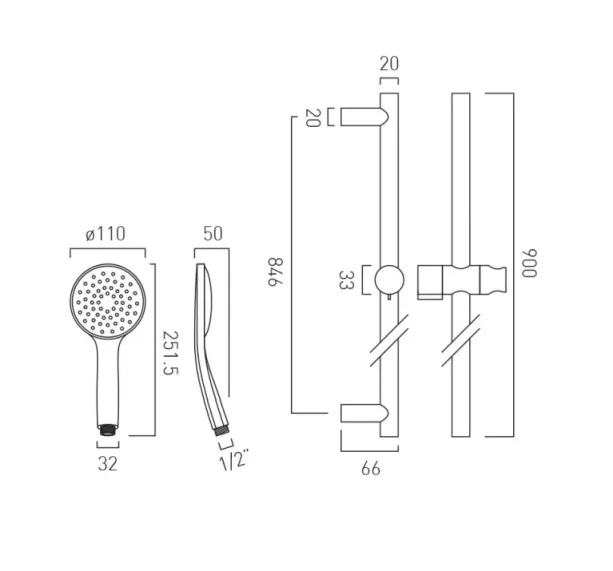 Vado Individual Single Function Slide Rail Shower Kit With Atmsphere Single Function Air-injection Handset Brushed Nickel technical drawing - Image 2