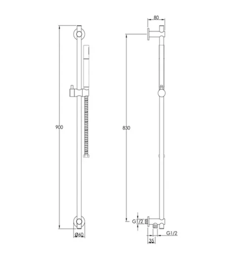 Just Taps Vos Slide Rail With Slim Single Function Hand Shower And Hose Brushed Black technical drawing - Image 2