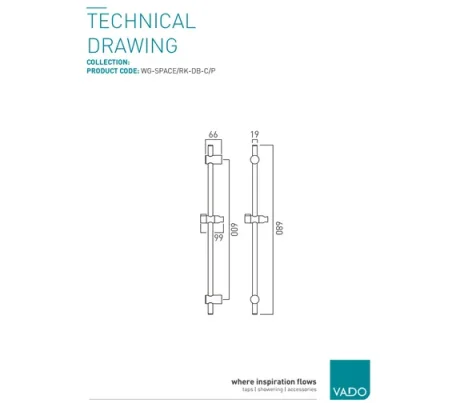 Vado Space Slide Rail 680mm Chrome technical drawing - Image 2