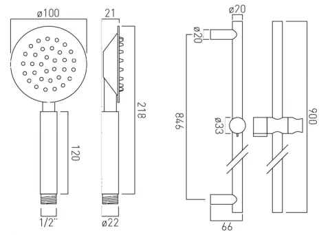 Vado Aquablade Slide Rail Shower Kit With Round Single-function All Metal Rub-clean Shower Handset With Cool Touch Handle, 900mm Slide Rail With Twist Control And 150cm Shower Hose Chrome technical drawing - Image 2