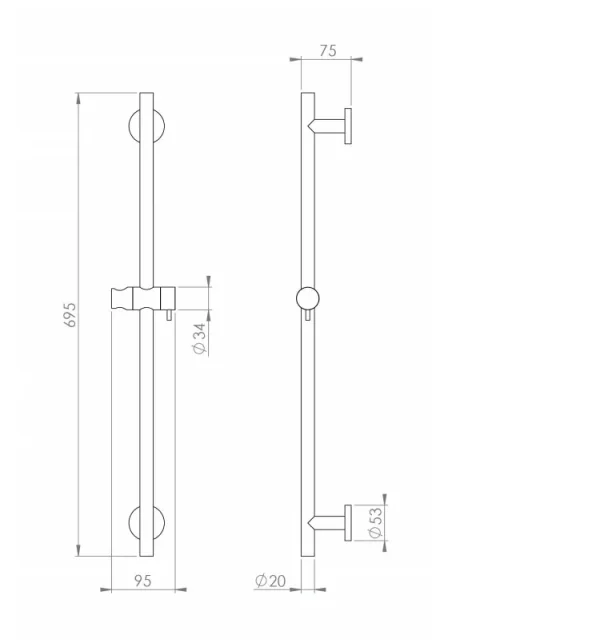 Saneux Cos Round Shower Slider Rail - Chrome technical drawing - Image 2