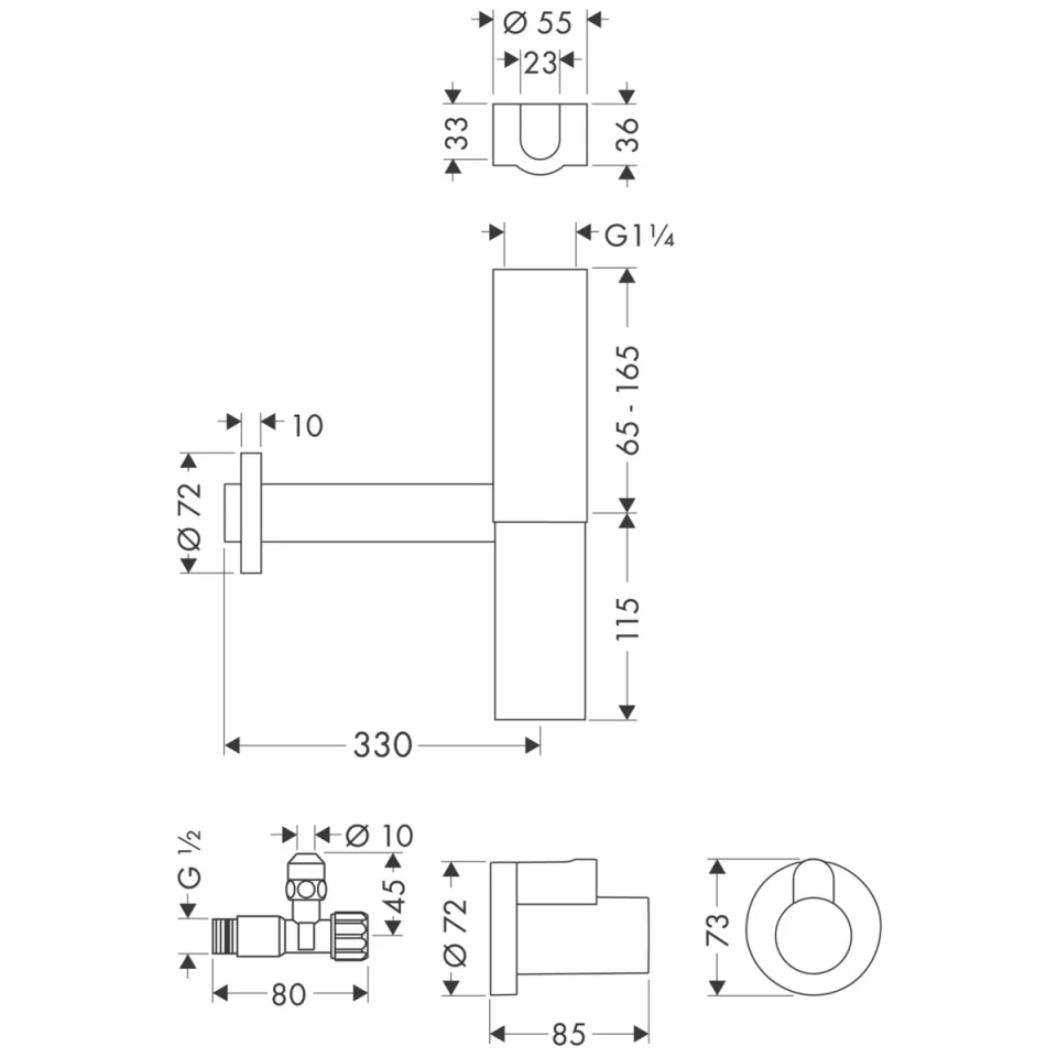 Axor Bottle Trap Flowstar Design Set With Angle Valves Brushed Nickel detail view - Image 2
