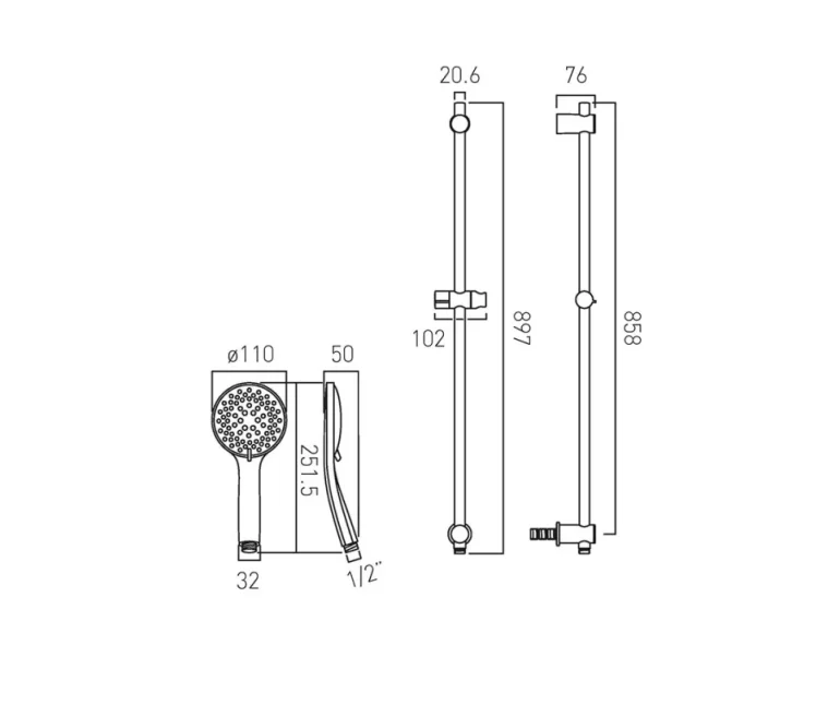 Vado Atmosphere Multi-function Slide Rail Kit With Integrated Outlet Chrome technical drawing - Image 2