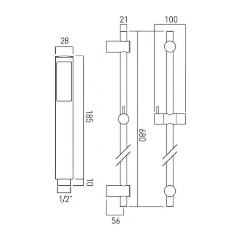 Vado Venus Slide Rail Shower Kit With Single-function Rub-clean Shower Handset, 680mm Slide Rail And 150cm Shower Hose Chrome technical drawing - Image 3