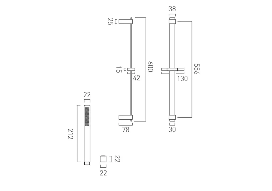 Vado Individual Square Slide Rail Shower Kit With Single-function Shower Handset 600mm Slide Rail And Hose Brushed Black technical drawing - Image 2