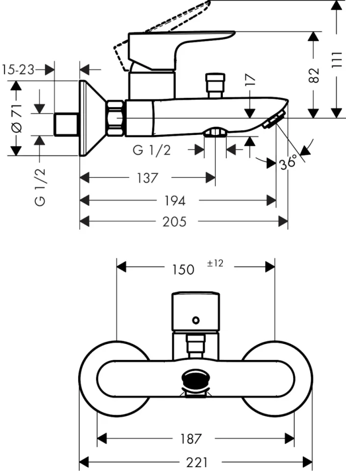 Hansgrohe Talis E Single Lever Manual Bath Mixer For Exposed Installation detail view - Image 2