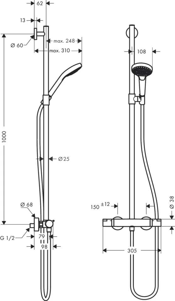 Hansgrohe Croma Select S Semipipe Multi With Thermostatic Shower Mixer detail view - Image 2