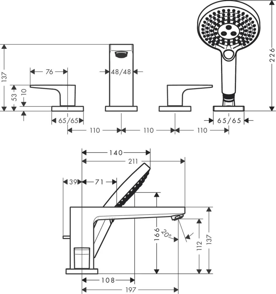 Hansgrohe Metropol 4-hole Rim-mounted Bath Mixer With Lever Handle Chrome detail view - Image 2