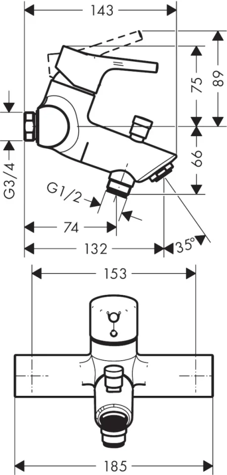 Hansgrohe Talis S Single Lever Manual Bath Mixer For Exposed Installation With Centre Distance 15.3 Cm Chrome detail view - Image 2