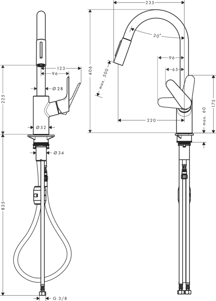Hansgrohe Focus M41 Single Lever Kitchen Mixer 240 With Pull-out Spray, 2 Spray Modes detail view - Image 3