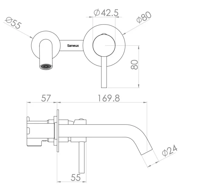Saneux Cos Wall Mounted 2 Plate Basin Mixer - Brushed Nickel technical drawing - Image 2
