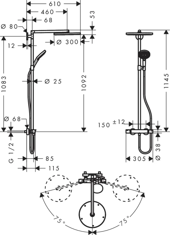 Hansgrohe Raindance S Showerpipe 300 1jet With Thermostatic Shower Mixer Chrome detail view - Image 2