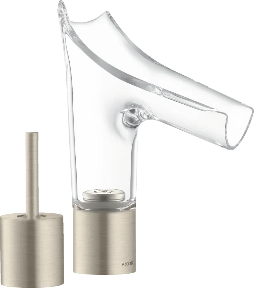 Axor Starck V 2-hole Basin Mixer 110 With Glass Spout Without Waste Brushed Nickel product image - Image 1