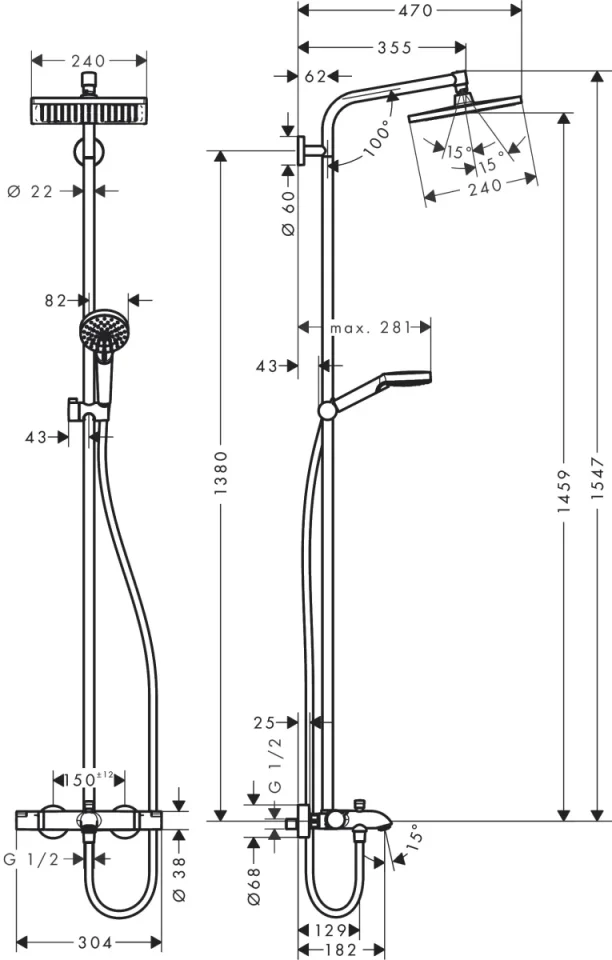 Hansgrohe Crometta E Showerpipe 240 1jet With Thermostatic Bath Mixer Chrome detail view - Image 2