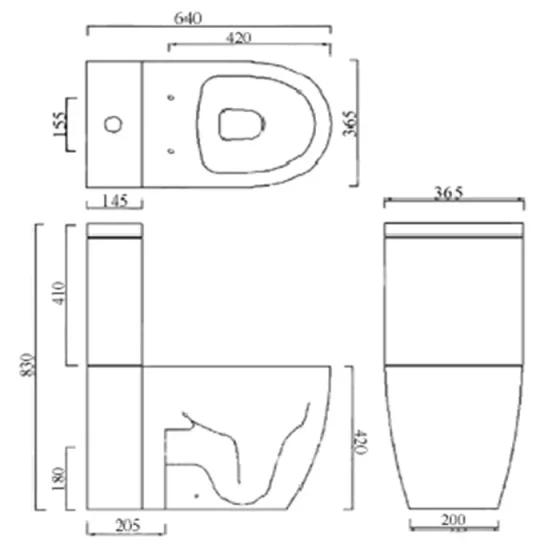 Faeber Zero Close Coupled Rimless Toilet Pan - Gloss White technical drawing - Image 2